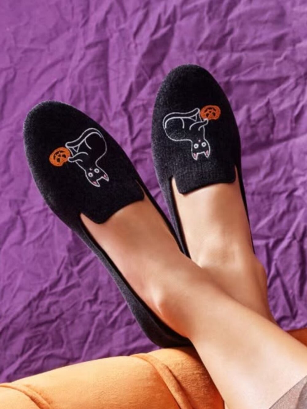 Vivaia Audrey Flats Halloween Cat Pumpkin Embroidery Slip On Shoes Black 5.5